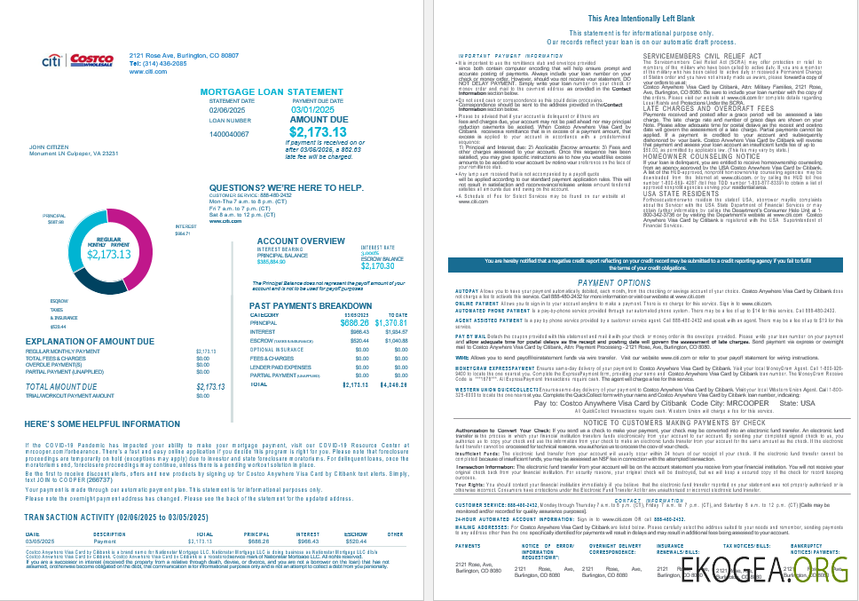 USA Costco Anywhere Visa Card par Citi Bank relevé de prêt hypothécaire aux formats Word et PDF, 4 pages template USA Costco Anywhere Visa Card par Citi Bank relevé de prêt hypothécaire aux formats Word et PDF, 4 pages template